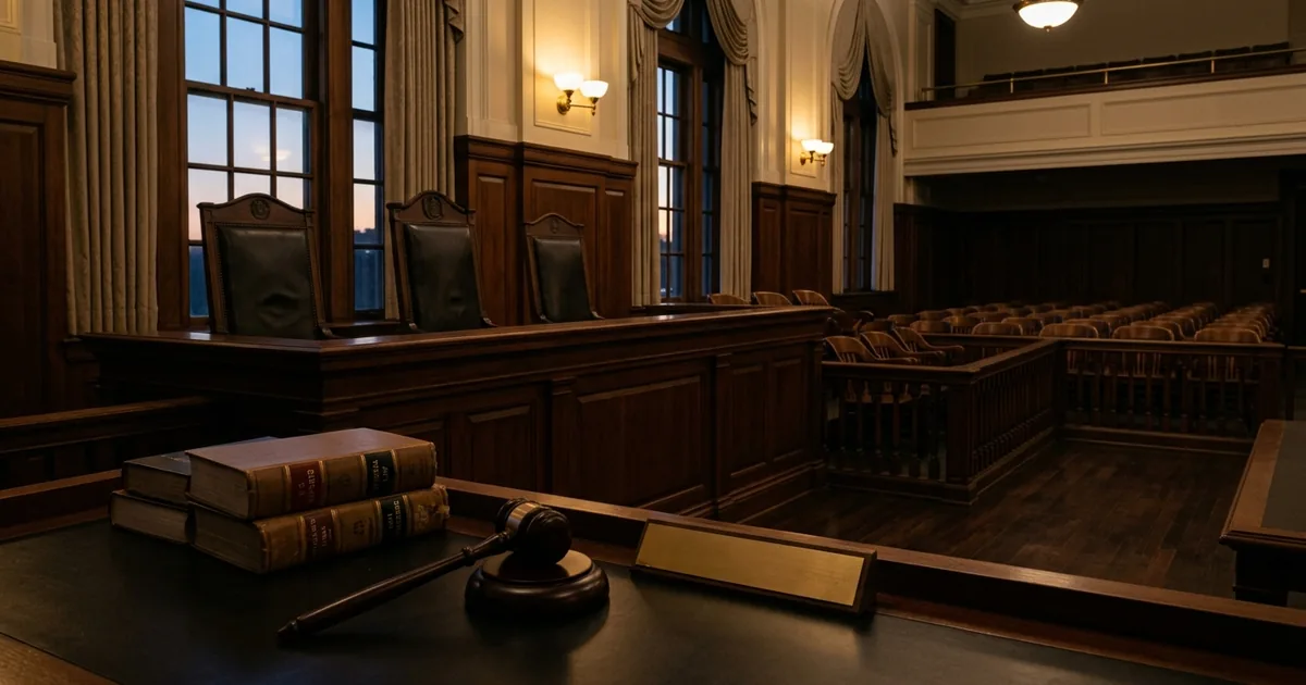 Empty judges' chairs behind a courtroom bench with a gavel and law books in the foreground