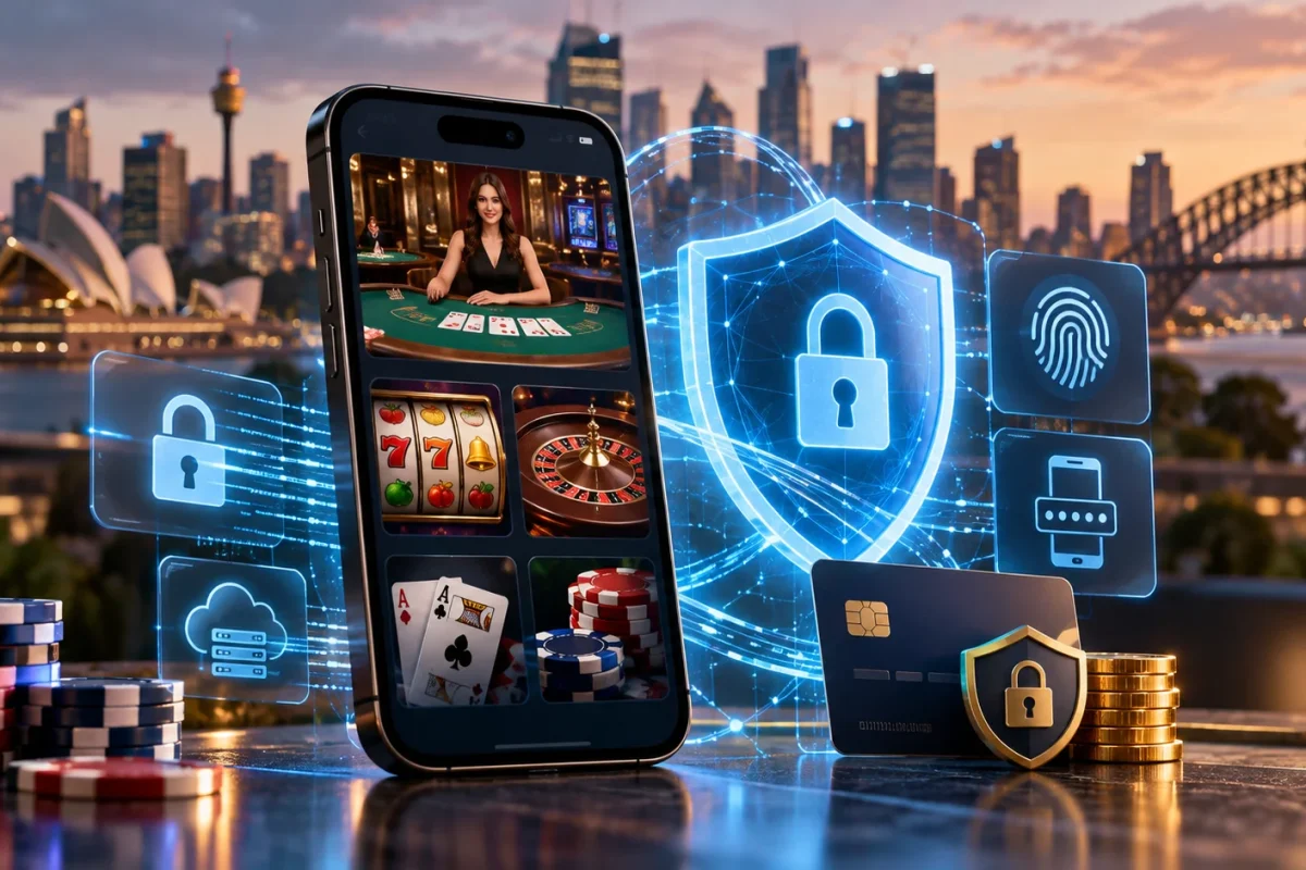 A smartphone showing casino games beside a glowing security shield, padlock and fingerprint icons, with the Sydney Opera House and Harbour Bridge behind