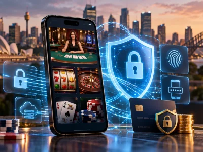 A smartphone showing casino games beside a glowing security shield, padlock and fingerprint icons, with the Sydney Opera House and Harbour Bridge behind