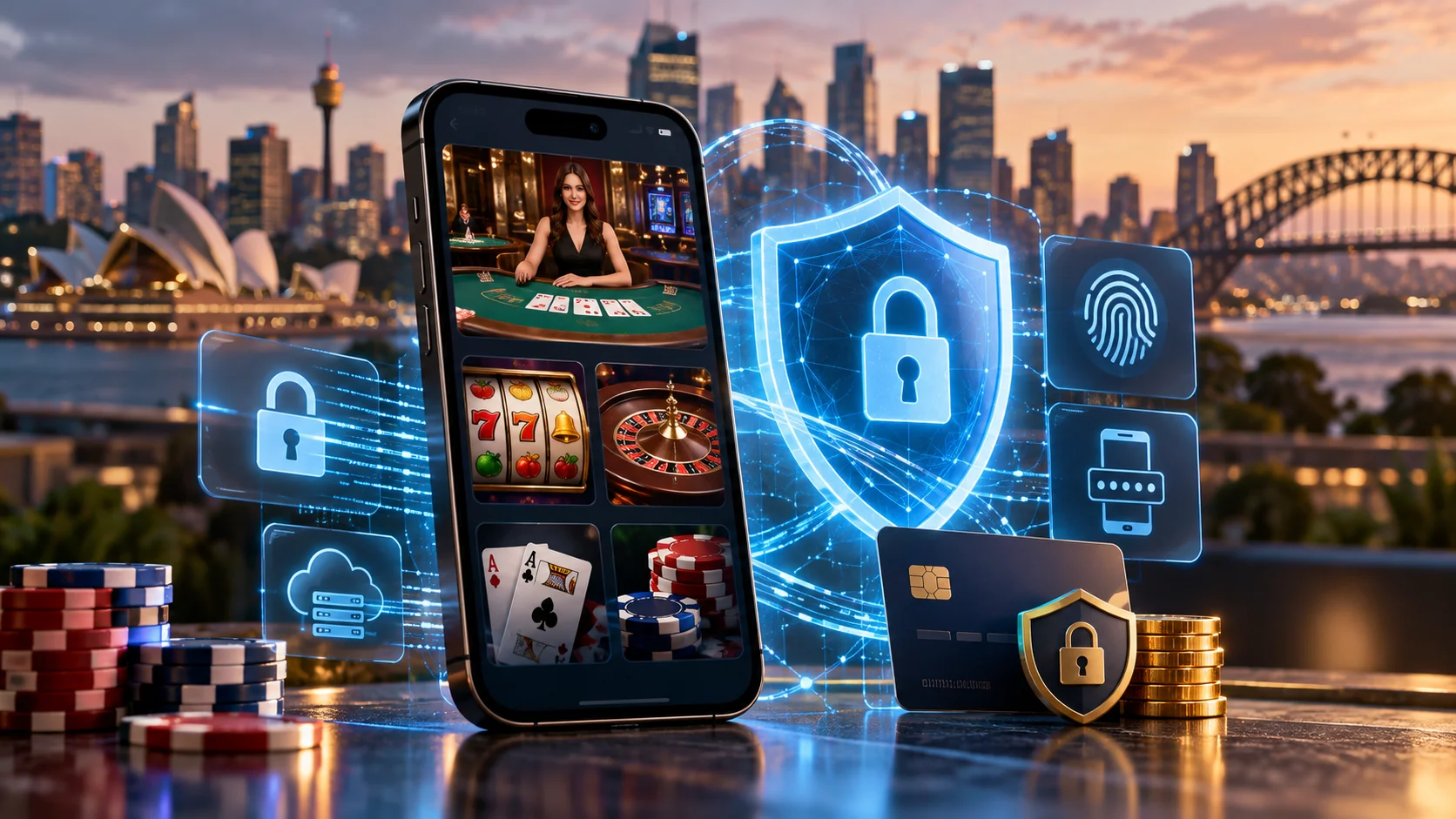 A smartphone showing casino games beside a glowing security shield, padlock and fingerprint icons, with the Sydney Opera House and Harbour Bridge behind