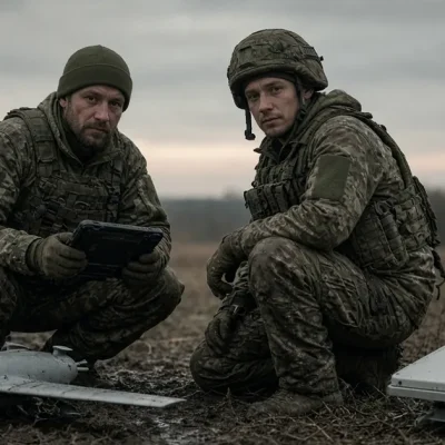 Two Ukrainian soldiers crouch in a muddy field beside a small interceptor drone, a tablet, and a white satellite terminal under an overcast sky