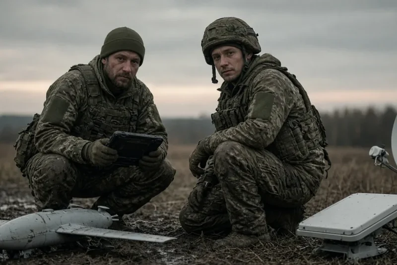 Two Ukrainian soldiers crouch in a muddy field beside a small interceptor drone, a tablet, and a white satellite terminal under an overcast sky