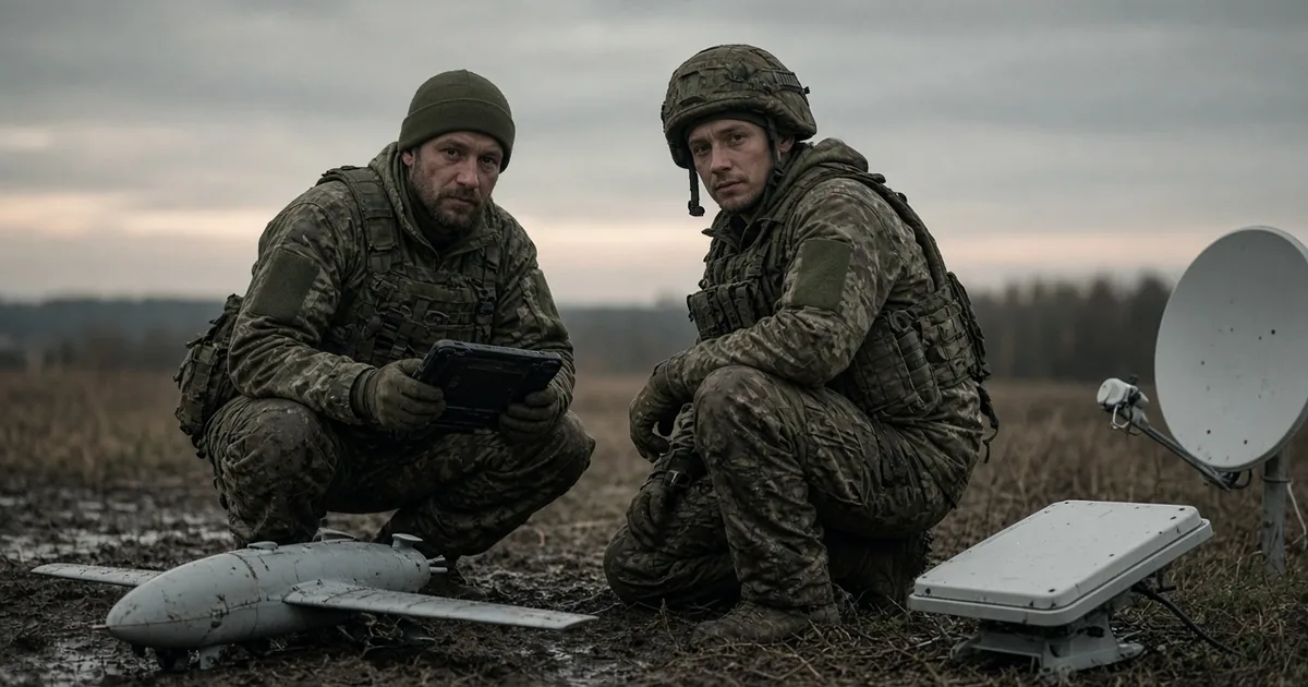 Two Ukrainian soldiers crouch in a muddy field beside a small interceptor drone, a tablet, and a white satellite terminal under an overcast sky