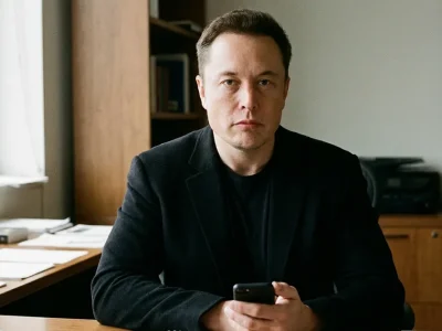 Elon Musk seated at an office desk, phone in hand, looking at the camera