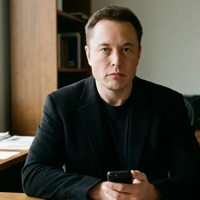 Elon Musk seated at an office desk, phone in hand, looking at the camera