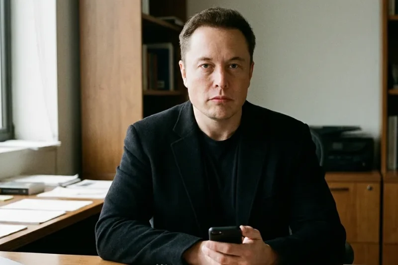 Elon Musk seated at an office desk, phone in hand, looking at the camera