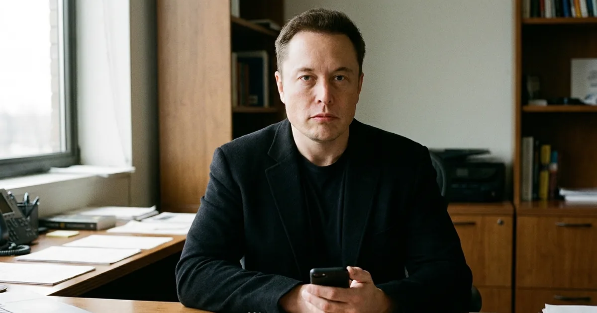 Elon Musk seated at an office desk, phone in hand, looking at the camera