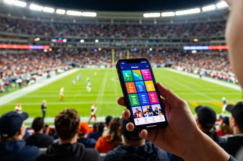 Football fan in a stadium at night holding a smartphone with a sportsbook app open as players line up on the field