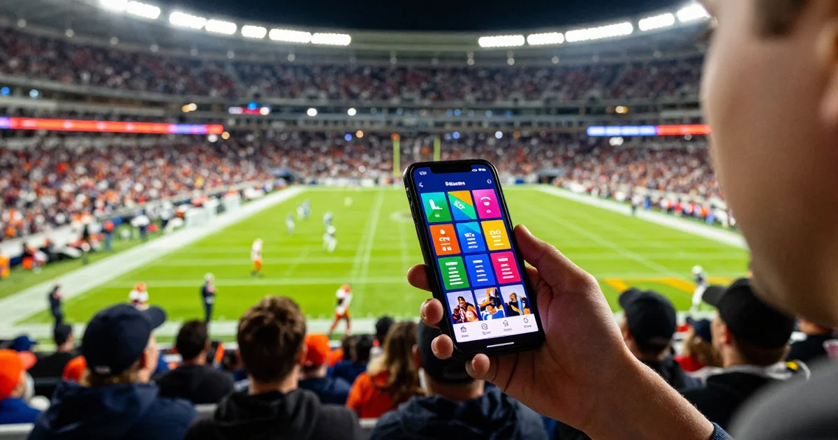 Football fan in a stadium at night holding a smartphone with a sportsbook app open as players line up on the field