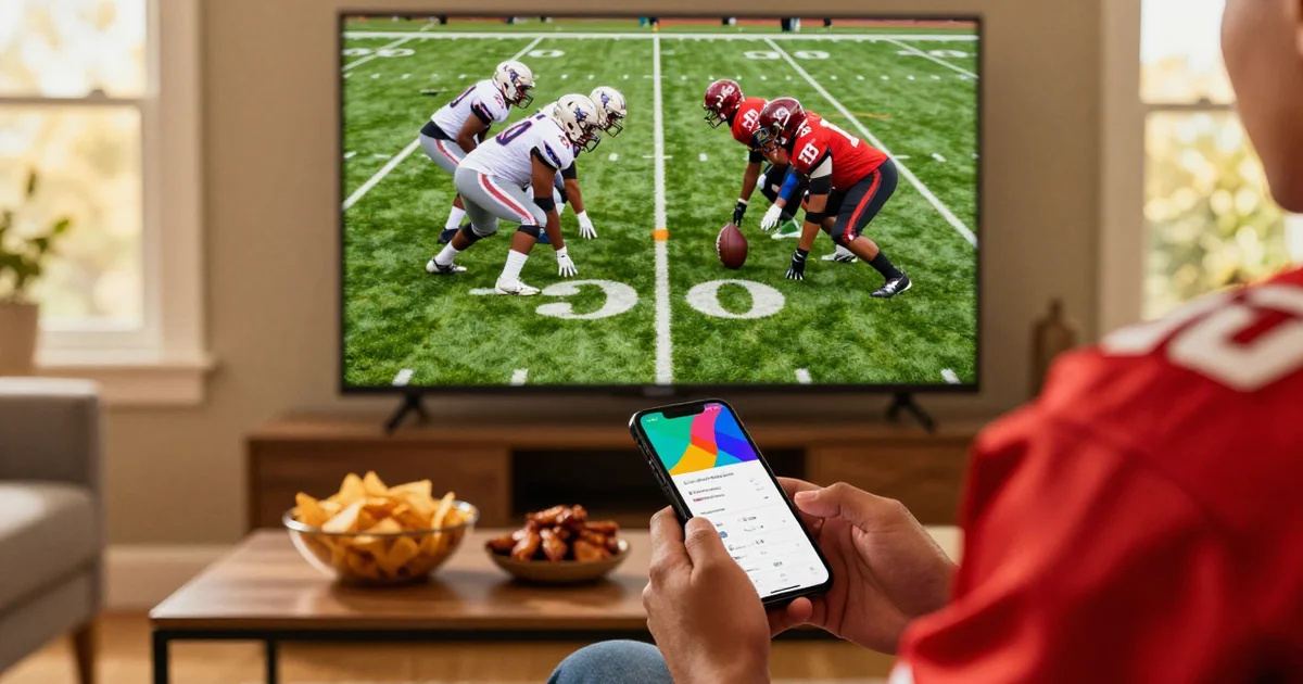Person on a couch scrolling a betting app on a phone while an NFL game plays on the TV