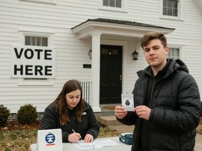 A young man in a puffer jacket holds up a student ID card at a folding check-in table outside a white clapboard town hall with a Vote Here sign, while a poll worker writes