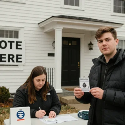A young man in a puffer jacket holds up a student ID card at a folding check-in table outside a white clapboard town hall with a Vote Here sign, while a poll worker writes