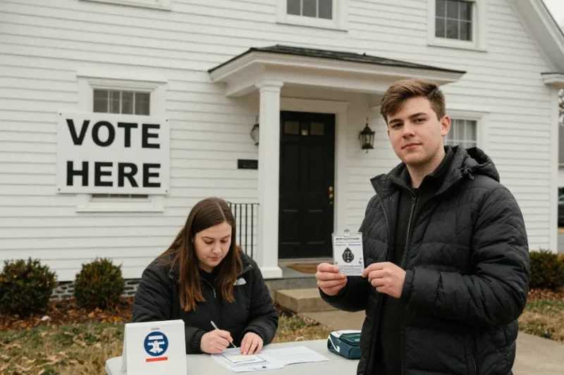 A young man in a puffer jacket holds up a student ID card at a folding check-in table outside a white clapboard town hall with a Vote Here sign, while a poll worker writes