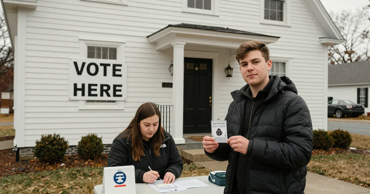 A young man in a puffer jacket holds up a student ID card at a folding check-in table outside a white clapboard town hall with a Vote Here sign, while a poll worker writes