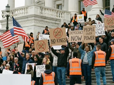 Protesters and orange-vested marshals on the steps of a government building holding crossed-out crown and No Kings signs and American flags