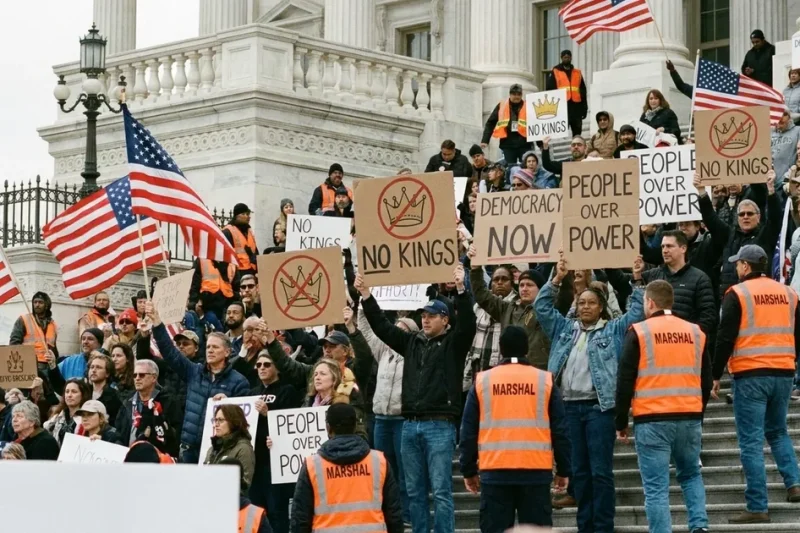 Protesters and orange-vested marshals on the steps of a government building holding crossed-out crown and No Kings signs and American flags
