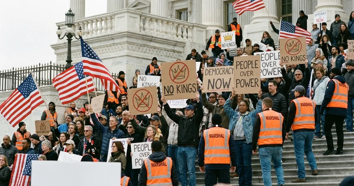 Protesters and orange-vested marshals on the steps of a government building holding crossed-out crown and No Kings signs and American flags