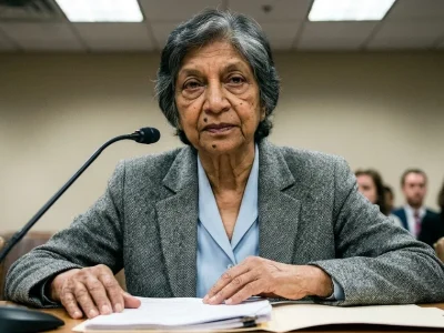 An elderly South Asian woman with short grey hair, in a grey tweed jacket, seated at a hearing table with a microphone and papers, looking at the camera