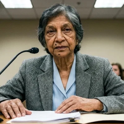 An elderly South Asian woman with short grey hair, in a grey tweed jacket, seated at a hearing table with a microphone and papers, looking at the camera