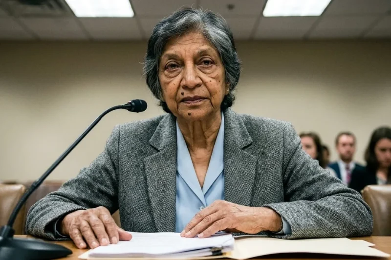 An elderly South Asian woman with short grey hair, in a grey tweed jacket, seated at a hearing table with a microphone and papers, looking at the camera