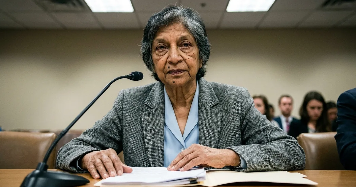 An elderly South Asian woman with short grey hair, in a grey tweed jacket, seated at a hearing table with a microphone and papers, looking at the camera