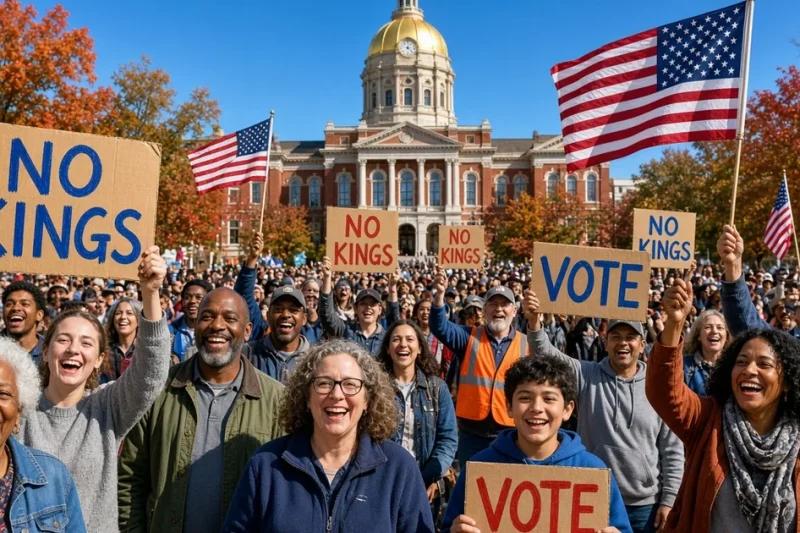 Smiling Georgia residents hold NO KINGS and VOTE signs and American flags on a courthouse square in autumn