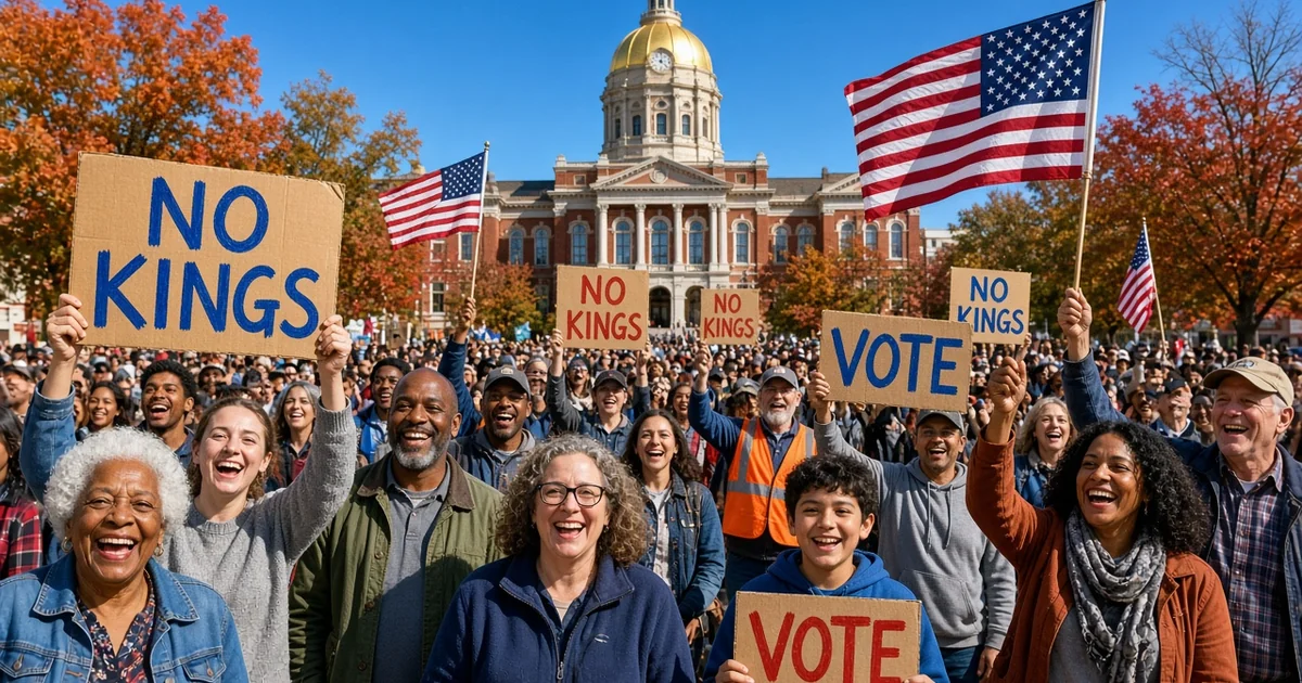 Smiling Georgia residents hold NO KINGS and VOTE signs and American flags on a courthouse square in autumn