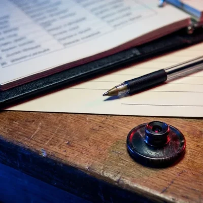 An open voter roster binder and a pen above a blank signature line, with a button-sized hidden camera on the table, lit in blue and red