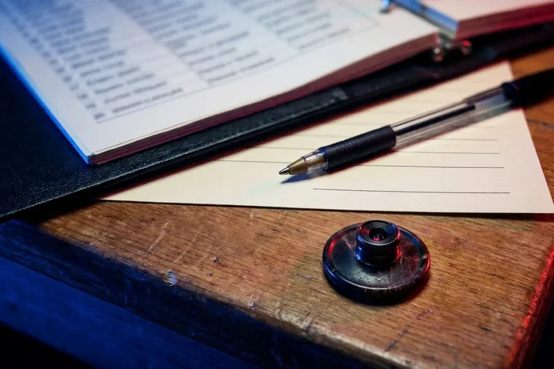 An open voter roster binder and a pen above a blank signature line, with a button-sized hidden camera on the table, lit in blue and red