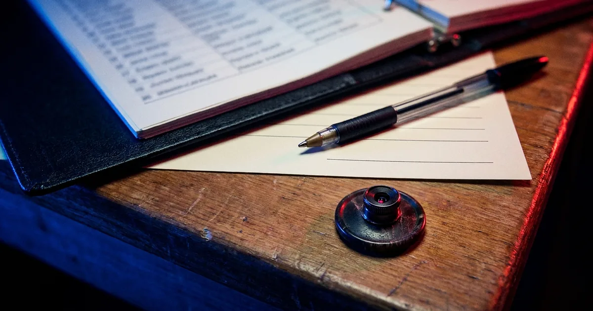 An open voter roster binder and a pen above a blank signature line, with a button-sized hidden camera on the table, lit in blue and red