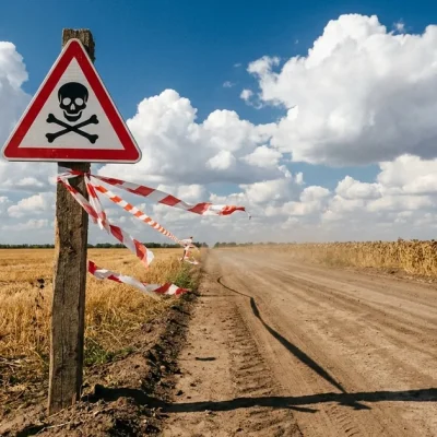 A red triangular mine-warning sign with a skull pictogram on a wooden post beside a dirt road through harvested sunflower fields under a bright blue sky
