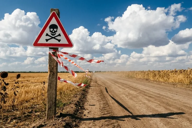 A red triangular mine-warning sign with a skull pictogram on a wooden post beside a dirt road through harvested sunflower fields under a bright blue sky