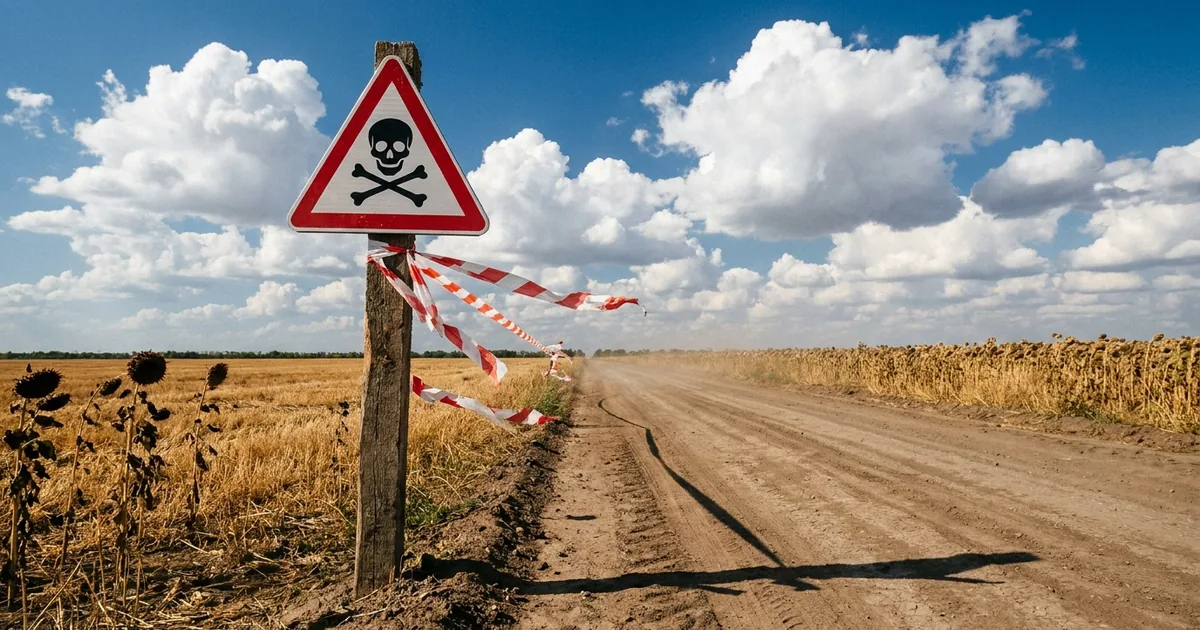 A red triangular mine-warning sign with a skull pictogram on a wooden post beside a dirt road through harvested sunflower fields under a bright blue sky