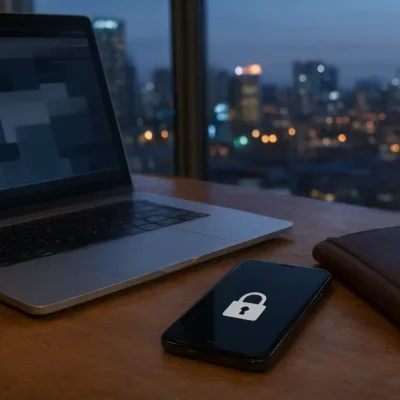 Laptop, smartphone showing a padlock icon and a leather notebook on a desk in front of a city skyline at dusk