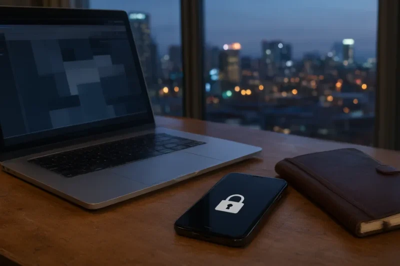Laptop, smartphone showing a padlock icon and a leather notebook on a desk in front of a city skyline at dusk