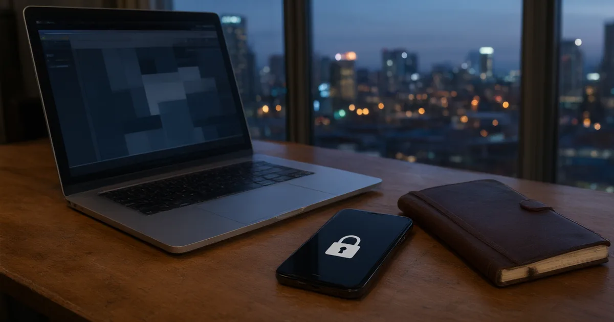 Laptop, smartphone showing a padlock icon and a leather notebook on a desk in front of a city skyline at dusk