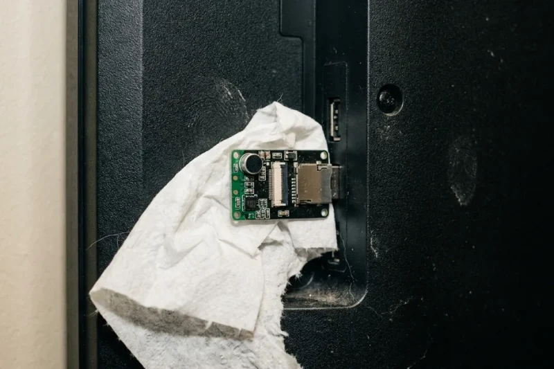 A thumb-sized circuit board half wrapped in toilet paper, plugged into a USB port on the back of a television