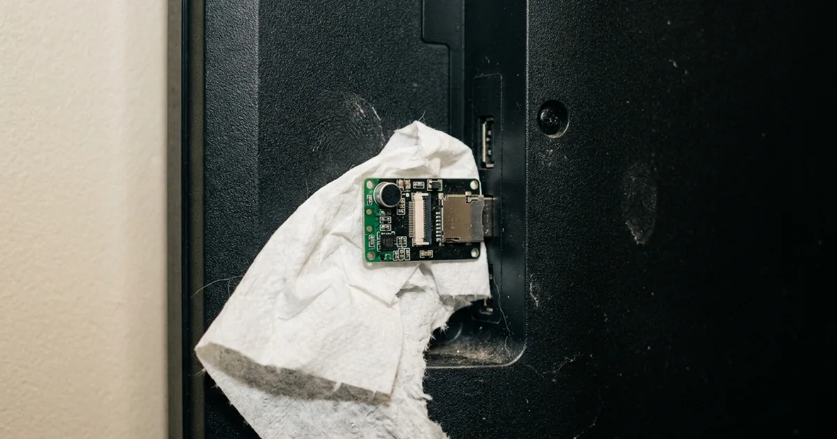 A thumb-sized circuit board half wrapped in toilet paper, plugged into a USB port on the back of a television