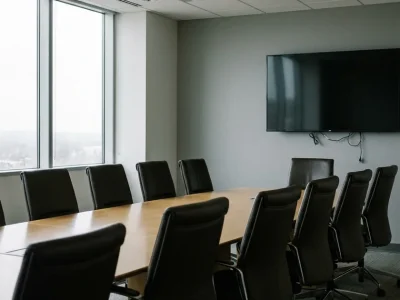 An empty executive conference room with a long wooden table, black leather chairs and a switched-off wall-mounted television