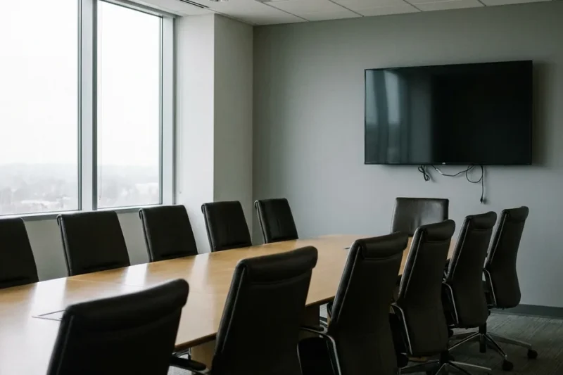 An empty executive conference room with a long wooden table, black leather chairs and a switched-off wall-mounted television