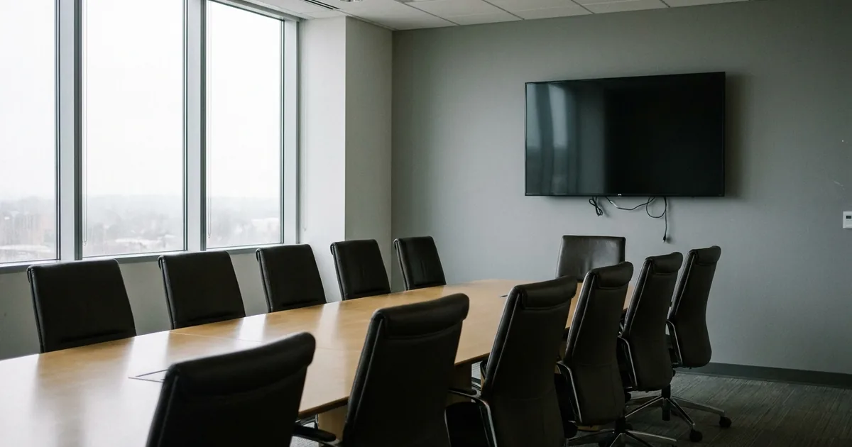 An empty executive conference room with a long wooden table, black leather chairs and a switched-off wall-mounted television