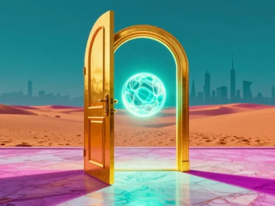 A golden door standing open on a pink marble floor in a desert, with a glowing turquoise sphere floating in the doorway and a city skyline behind