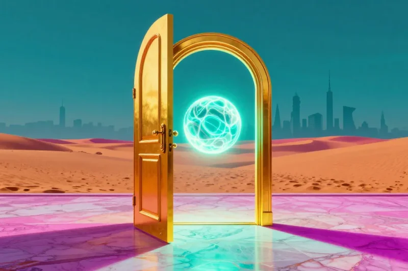 A golden door standing open on a pink marble floor in a desert, with a glowing turquoise sphere floating in the doorway and a city skyline behind