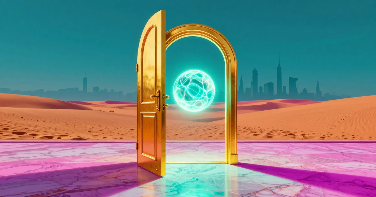 A golden door standing open on a pink marble floor in a desert, with a glowing turquoise sphere floating in the doorway and a city skyline behind