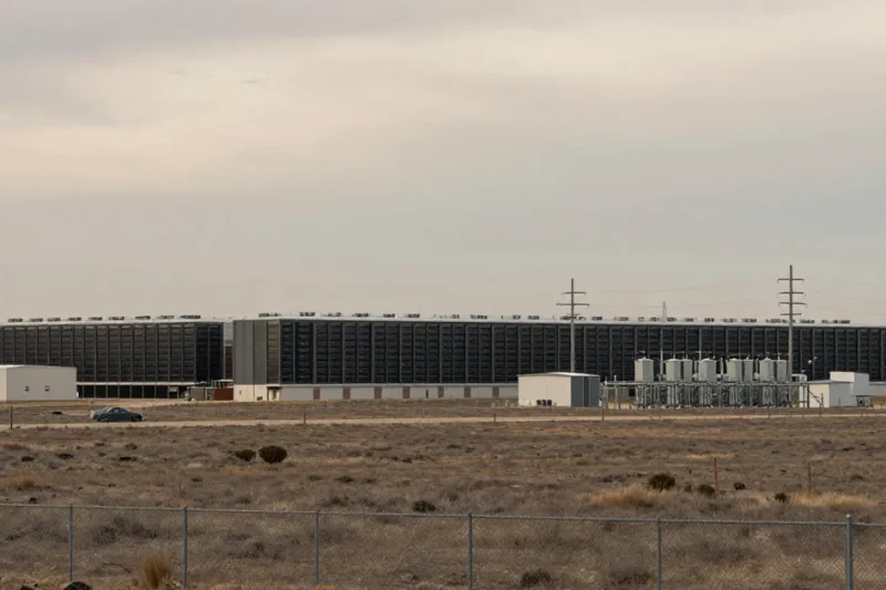 A large dark data center building with cooling units and power lines on flat plains behind a chain-link fence under an overcast sky