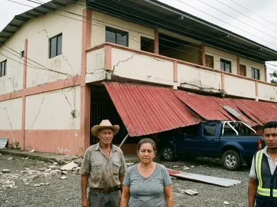 Three residents, one in a civil protection vest, stand in front of a cracked two-storey building whose red metal awning has collapsed onto a parked pickup truck