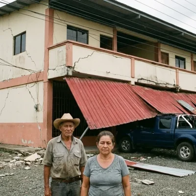 Three residents, one in a civil protection vest, stand in front of a cracked two-storey building whose red metal awning has collapsed onto a parked pickup truck