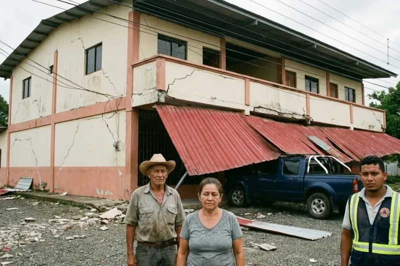 Three residents, one in a civil protection vest, stand in front of a cracked two-storey building whose red metal awning has collapsed onto a parked pickup truck
