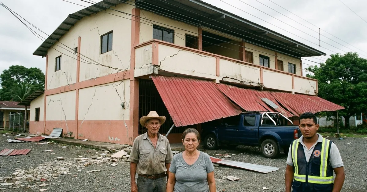 Three residents, one in a civil protection vest, stand in front of a cracked two-storey building whose red metal awning has collapsed onto a parked pickup truck
