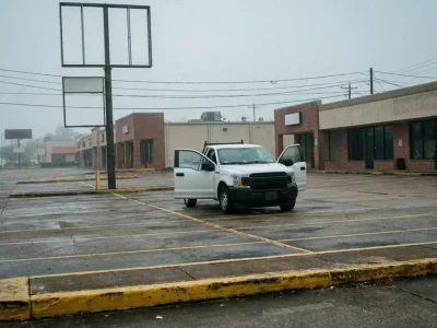 A white pickup truck with both front doors open in an empty, foggy strip-mall parking lot in the early morning